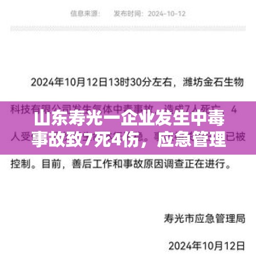 山东寿光一企业发生中毒事故致7死4伤，应急管理部派工作组赶赴现场