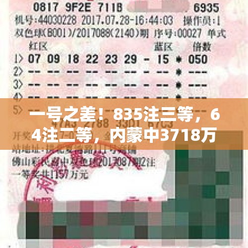 一号之差！835注三等，64注二等，内蒙中3718万，双色球24118开奖