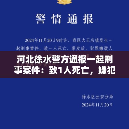 河北徐水警方通报一起刑事案件：致1人死亡，嫌犯已投案 - 今日头条