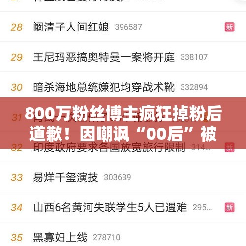 800万粉丝博主疯狂掉粉后道歉！因嘲讽“00后”被骂上热搜 - 今日头条